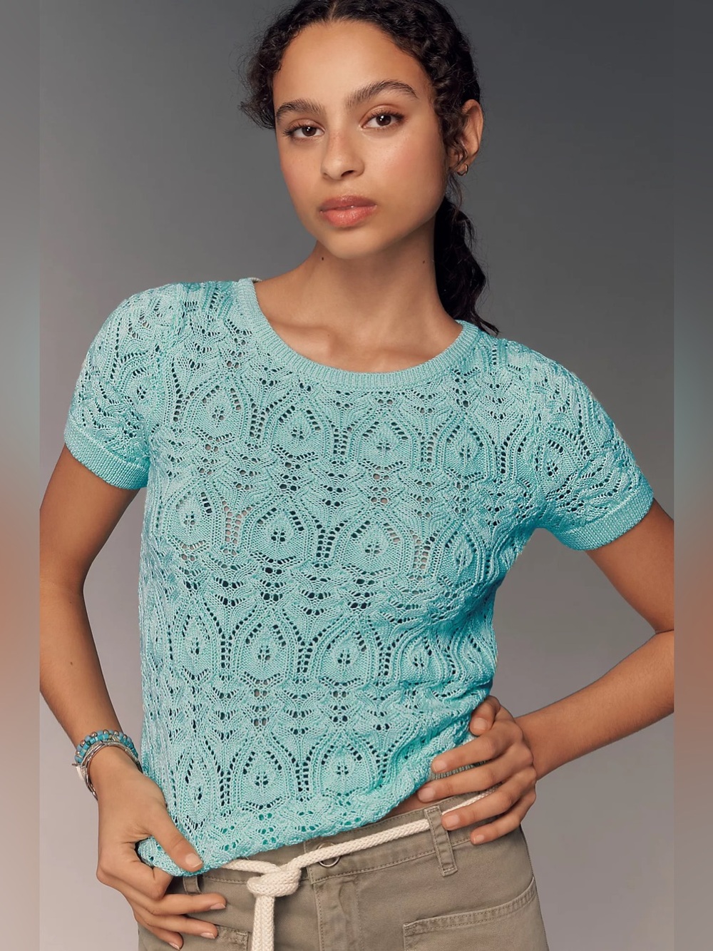 Anthropologie Crochet Stitched Sweater Tee Aqua Blue Short Sleeve Knit Top M